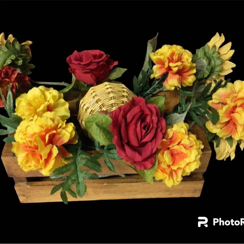 Beautiful Floral Centerpiece In Decorative Crate Basket